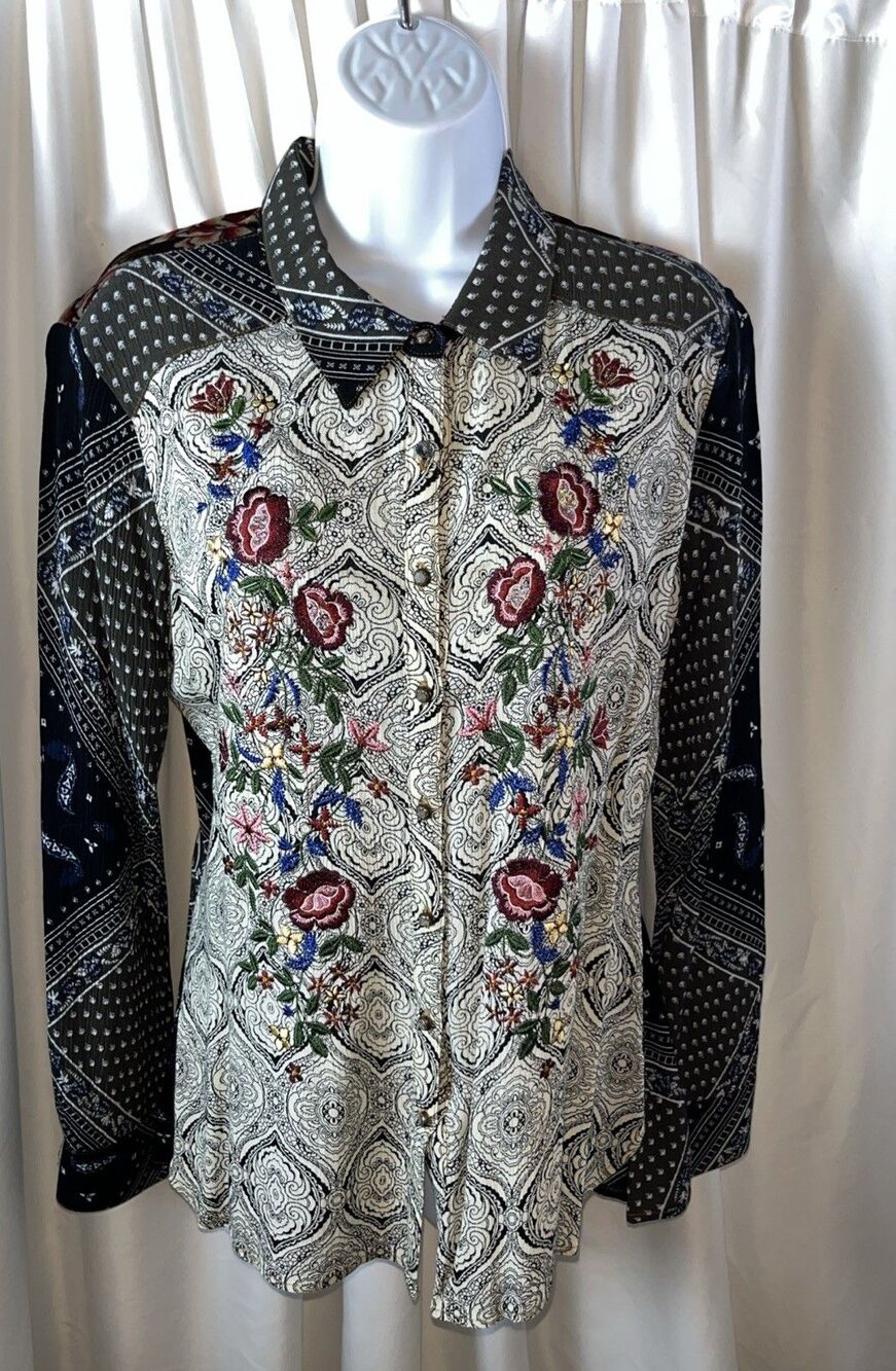 Cyrena Anthropologie Paisley Floral Embroidered Multicolor Mix Media Blouse S
